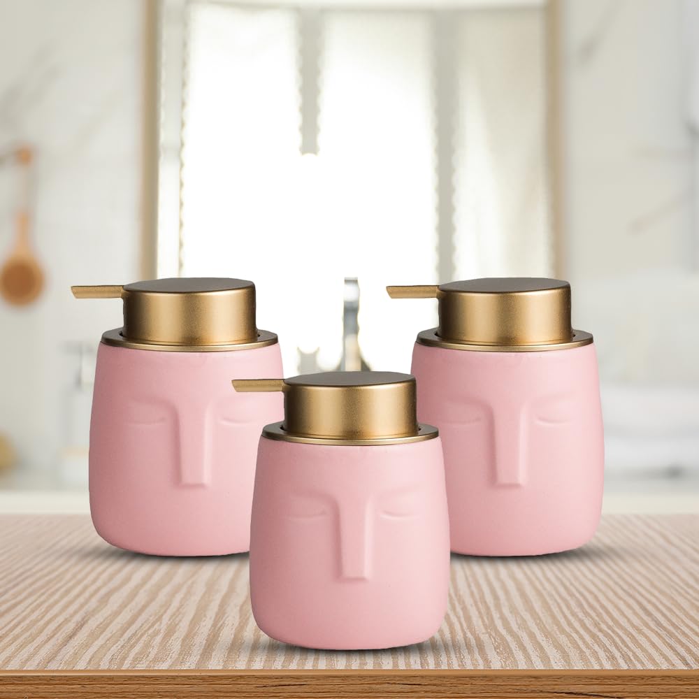 The Better Home 350ml Soap Dispenser Bottle - Pink (Set of 3) |Ceramic Liquid Pump Dispenser for Kitchen, Wash-Basin, and Bathroom