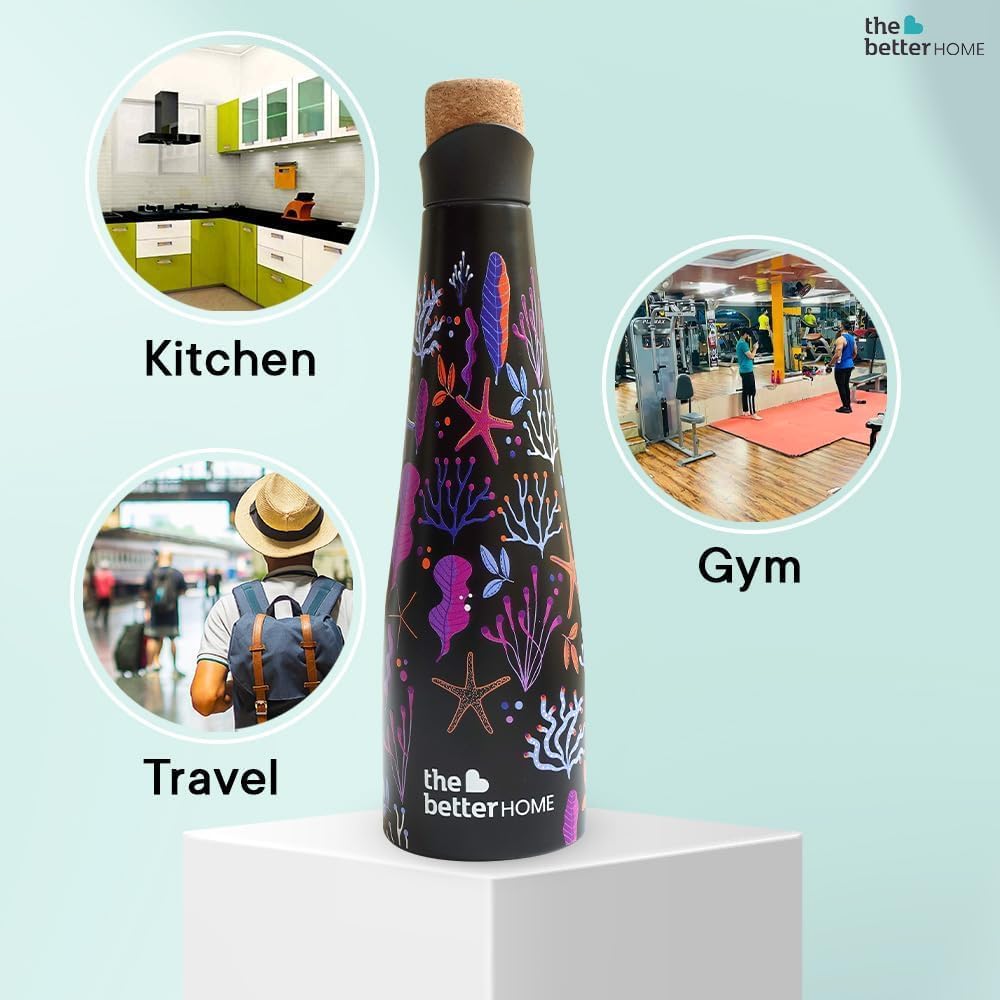 Combo: Insulated Thermosteel Bottle - 18h Insulation, Leak Proof, BPA Free | Cork Cap | 500ml | Black Algae Print