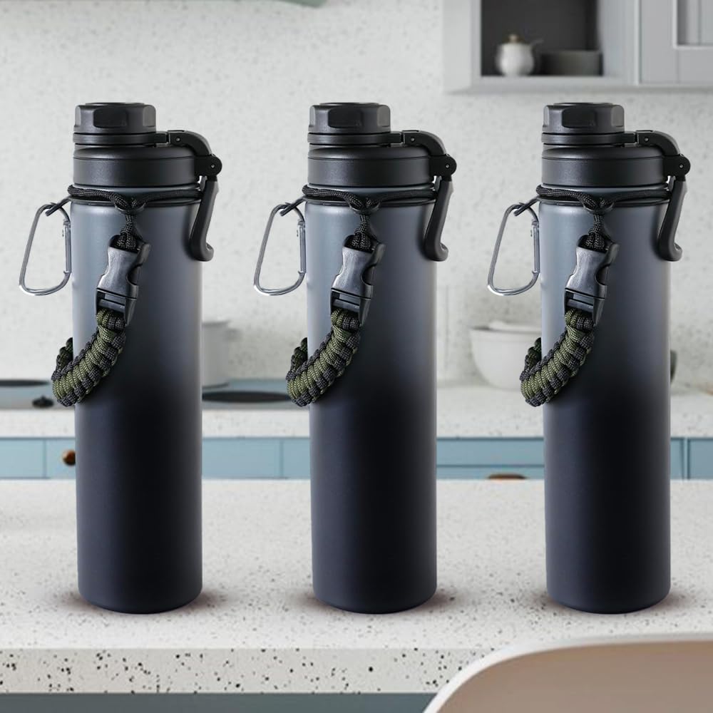 Combo: Insulated Water Bottle with Vacuum Insulation & Carabiner | 720ml | Black-Grey | Travel Ready