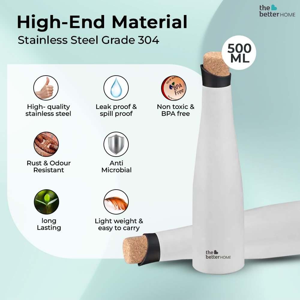 Combo: Insulated Stainless Steel Water Bottle - 18h Insulation, Leak Proof, BPA Free, Cork Cap, 500ml, White