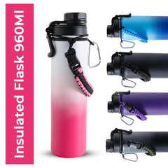The Better Home Stainless Steel Insulated Water Bottles | 960 ml Each | Thermos Flask Attachable to Bags & Gears | 6/12 hrs hot & Cold | Water Bottle for School Office Travel | Pink-White