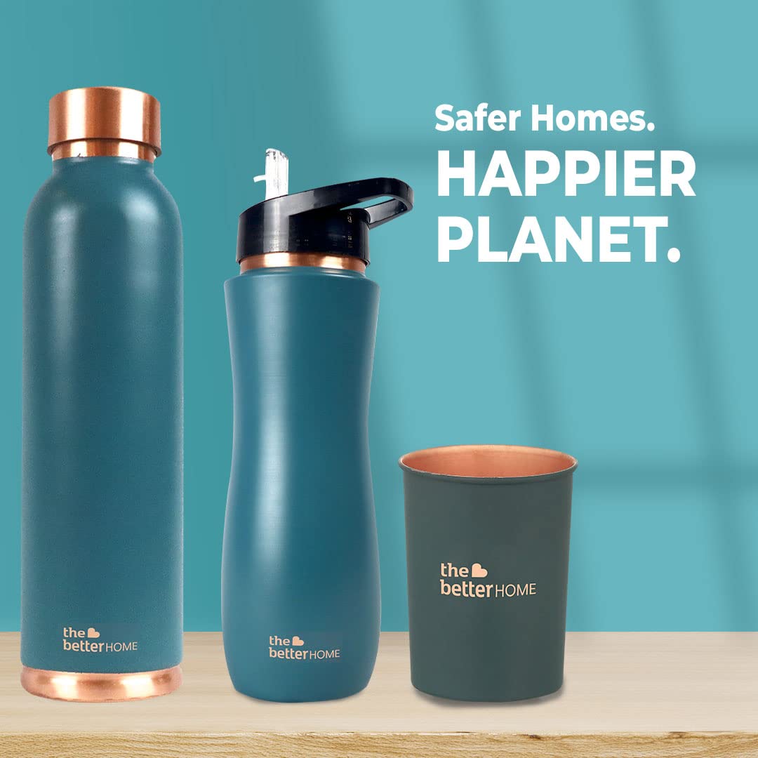 1000 Copper Water Bottle (950ml) and Copper Glass (Pack of 2) - Teal | 100% Pure Copper Bottle | BPA Free & Non Toxic Water Bottle with Anti Oxidant Properties of Copper