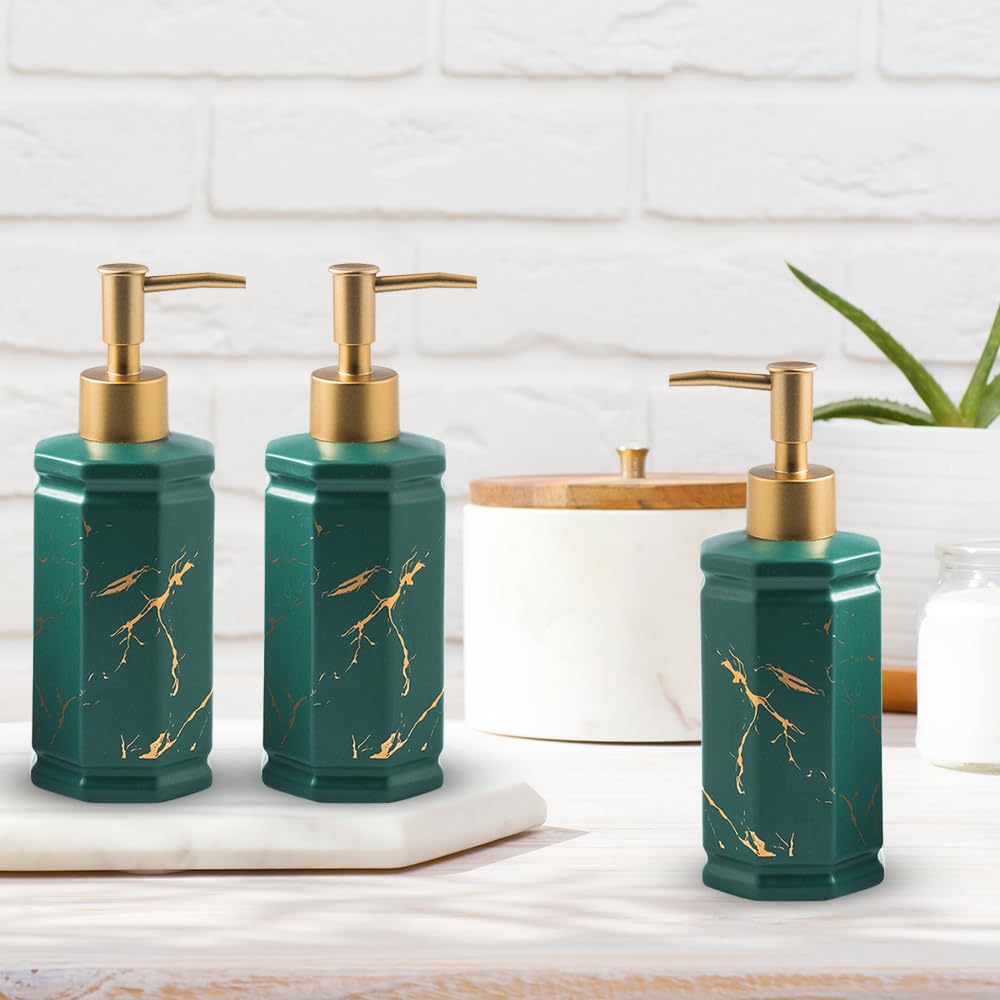 The Better Home 350ml Dispenser Bottle - Green (Set of 3) | Ceramic Liquid Dispenser for Kitchen, Wash-Basin, and Bathroom | Ideal for Shampoo, Hand Wash, Sanitizer, Lotion, and More