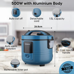 The Better Home FUMATO Cookeasy Automatic 500W Electric Rice Cooker 1.5L Blue & Stainless Steel Water Bottle 1 Litre Black