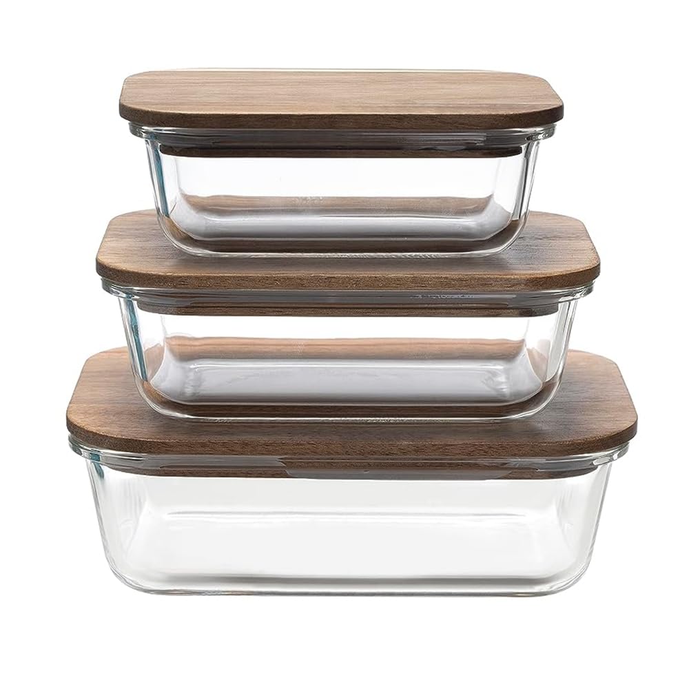 The Better Home Borosilicate Glass Containers with Wooden Lid, 3 pcs Set, Borosilicate Glass, Rectangle Shape, Transparent, Microwave and Refrigerator Safe, 370ml, 640ml,1050ml