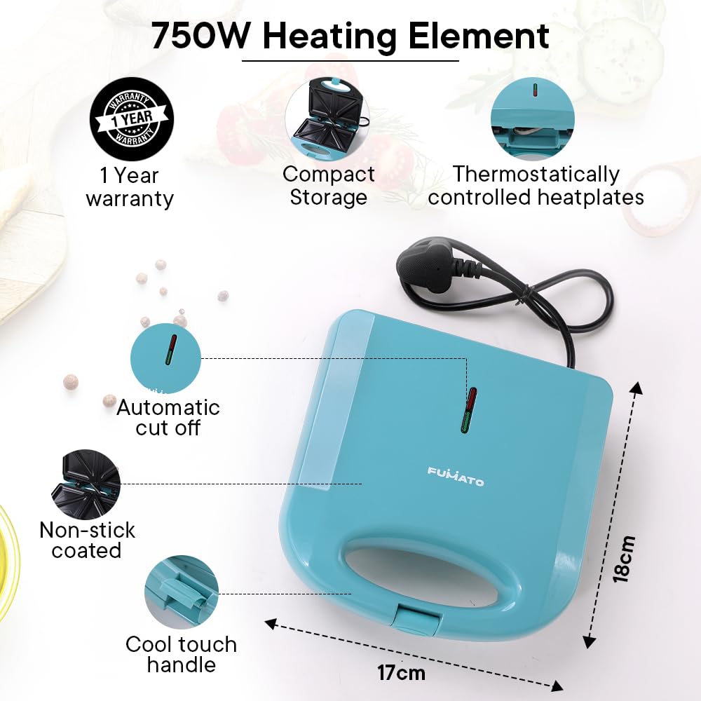 Combo: 2 Slice Pop-up Toaster - Bun Rack & Non-Stick Sandwich Maker | Wedding Gift | Capacity: 2 Slices | Misty Blue