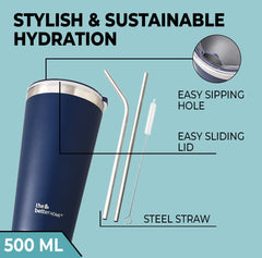 Insulated Tumbler with Straw & Lid 450ml | Double Wall Insulated Stainless Steel Water, Coffee Tumbler | Hot and Cold Coffee Flask | Durable Travel Coffee Mug with Lid (Blue)