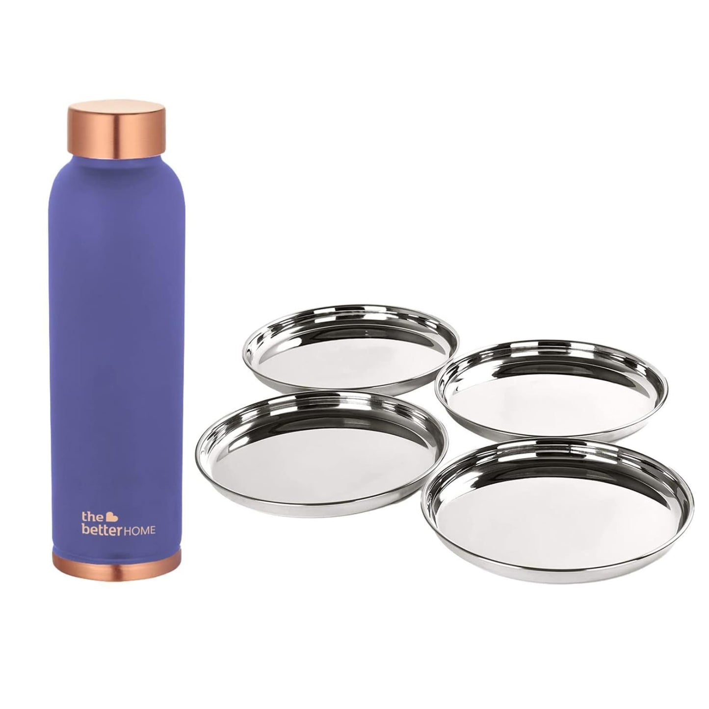 The Better Home 100% Pure Copper Water Bottle 1 Litre, Purple & Savya Home 4 pcs Big Plate Set (Purple)