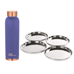 The Better Home 100% Pure Copper Water Bottle 1 Litre, Purple & Savya Home 4 pcs Big Plate Set (Purple)
