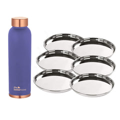 The Better Home 100% Pure Copper Water Bottle 1 Litre, Purple & Savya Home 6 pcs Big Plate Set