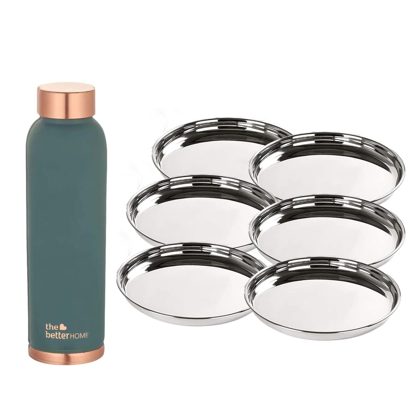 The Better Home 100% Pure Copper Water Bottle 1 Litre, Teal & Savya Home 6 pcs Big Plate Set