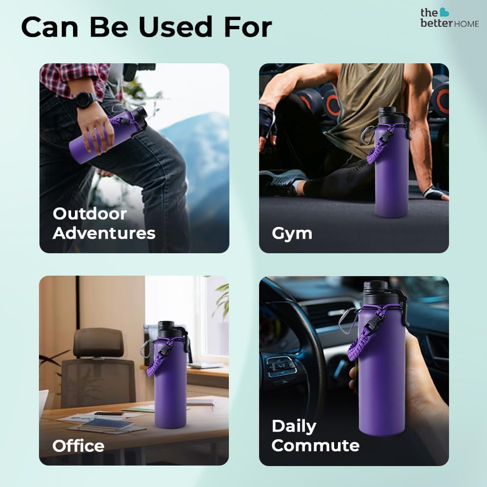 Combo: Insulated Water Bottle with Vacuum Insulation & Carabiner | 720ml | Hot & Cold | Purple