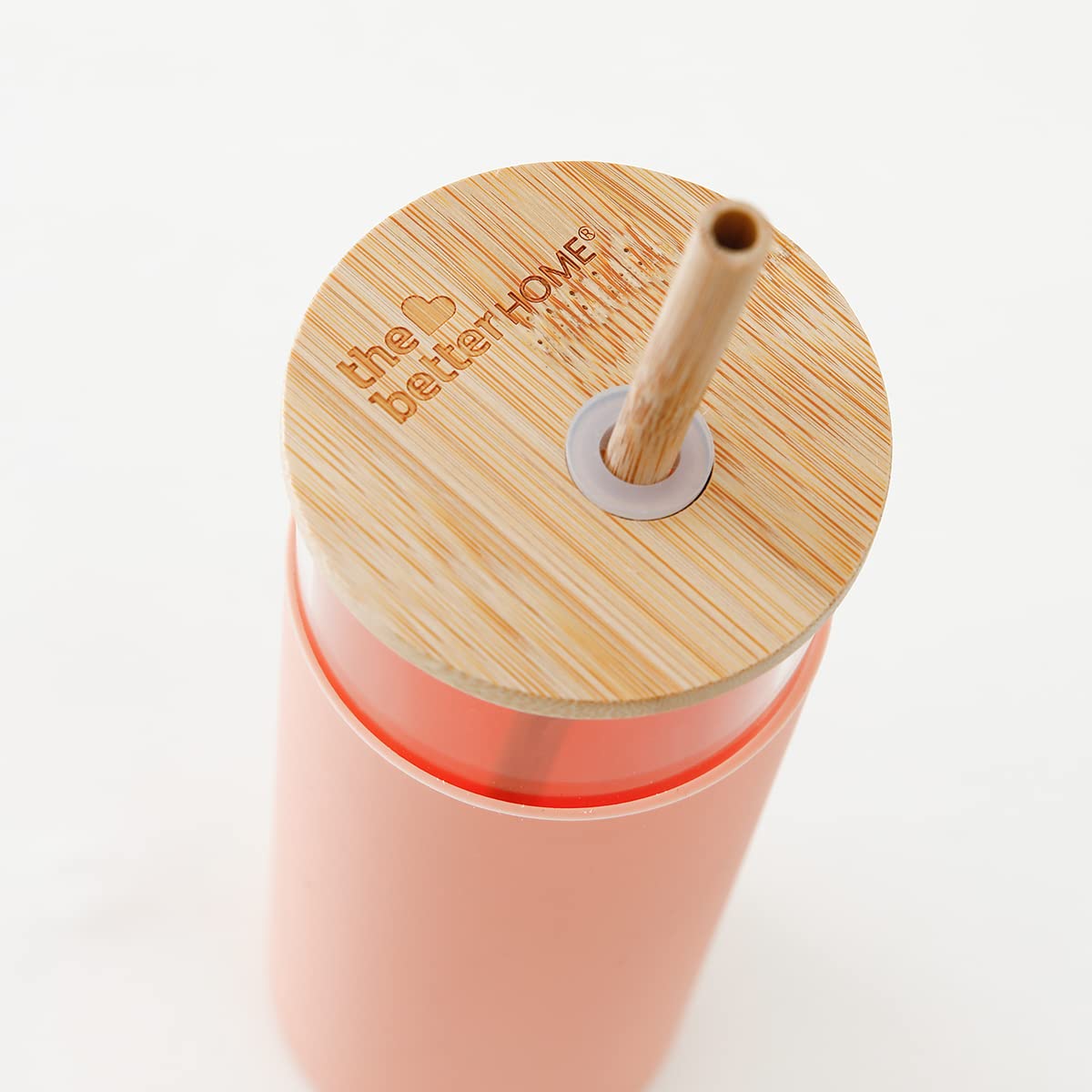 The Better Home Borosilicate Glass Tumbler with Lid and Straw 450ml | Water & Coffee Tumbler with Bamboo Straw & Lid | Leak & Sweat Proof | Durable Travel Coffee Mug with Lid (Peach)