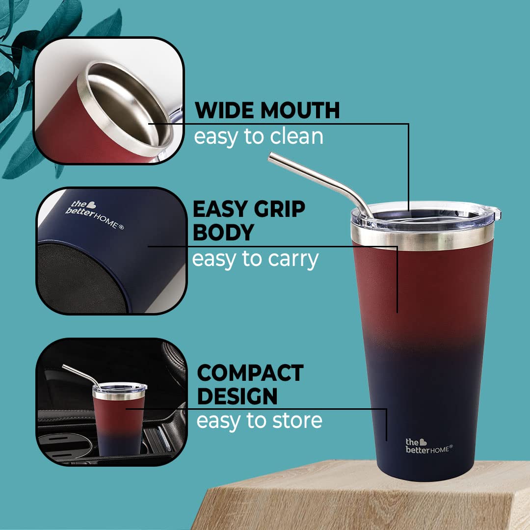 Insulated Tumbler with Straw & Lid 450ml | Double Wall Insulated Stainless Steel Water, Coffee Tumbler | Hot and Cold Coffee Flask | Durable Travel Coffee Mug with Lid (Maroon to Blue)