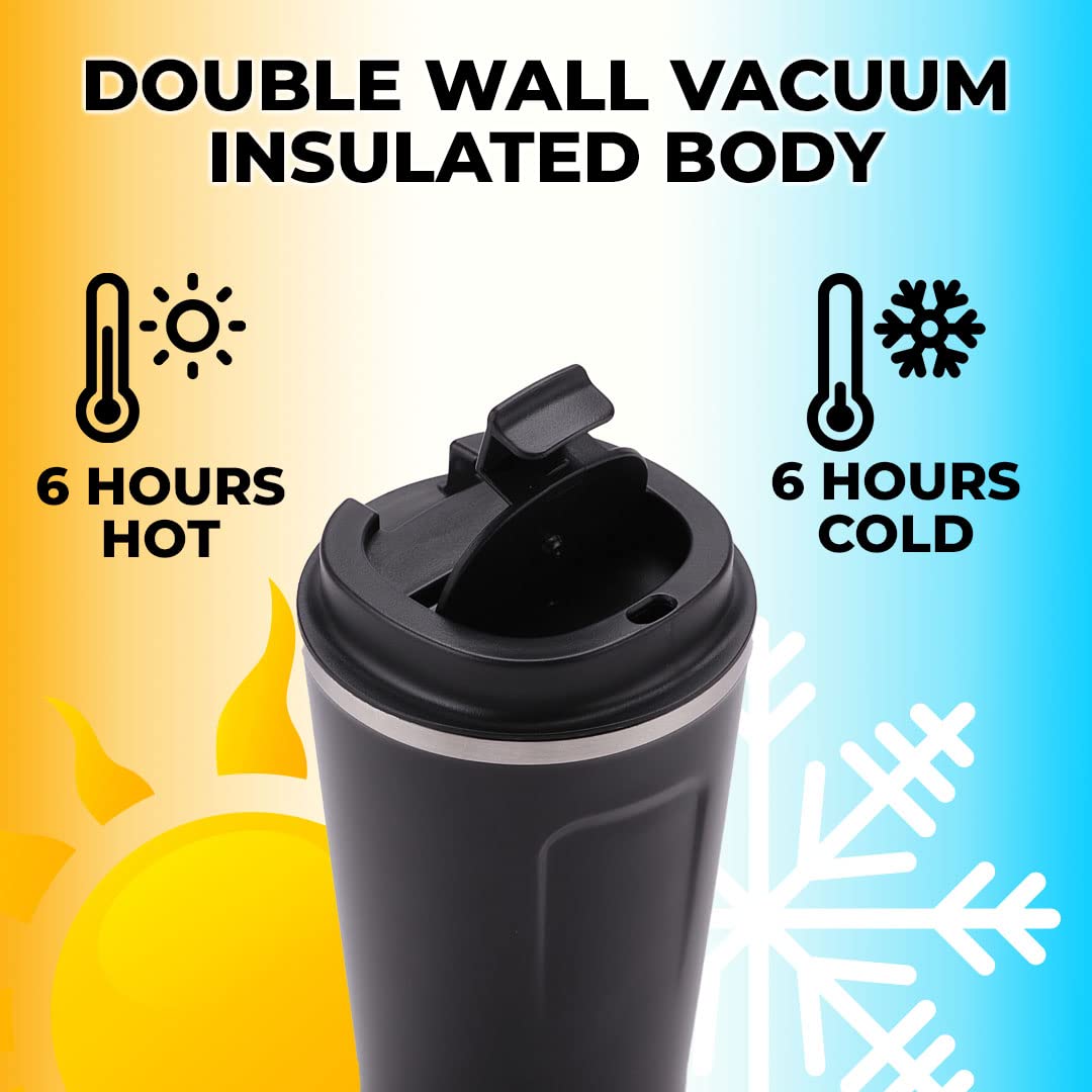 Insulated Coffee Cup Tumbler - Double Walled 304 Stainless Steel, Leakproof & Spillproof | 380 ml | Black