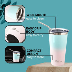 Insulated Tumbler with Straw & Lid 450ml | Double Wall Insulated Stainless Steel Water, Coffee Tumbler | Hot and Cold Coffee Flask | Durable Travel Coffee Mug with Lid (Blue to Pink)