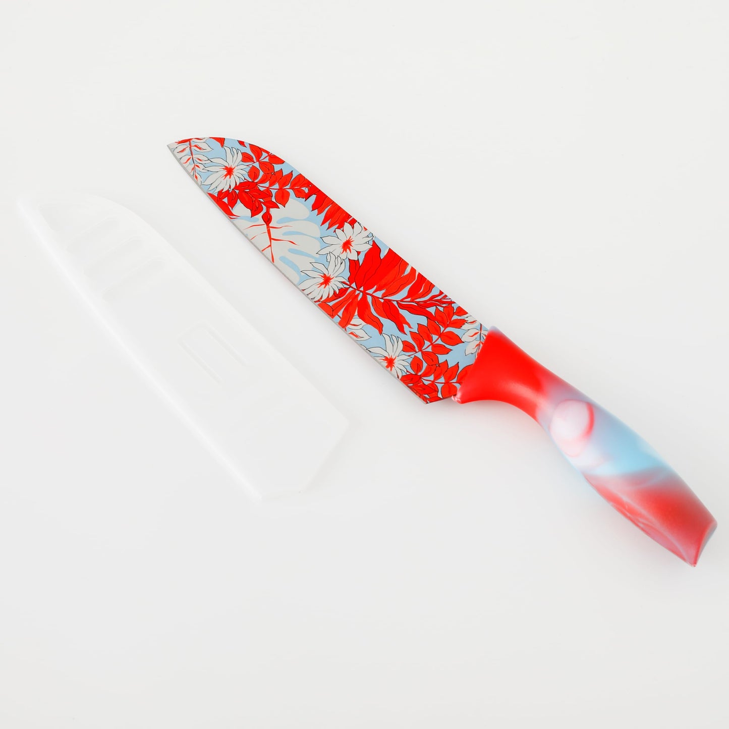 Combo: Kitchen Chef Santoku Knife - Color Printing, Non-Slip Handle | Blade Cover | 7 inch | Red, Set of 3