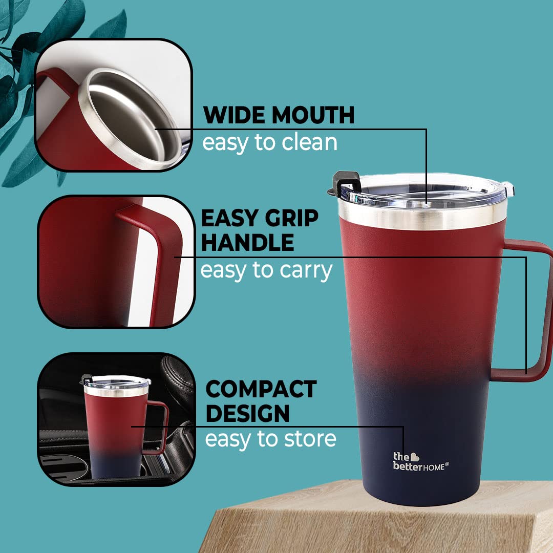 Insulated Coffee Cup Tumbler - Leakproof, Double Walled | Transparent Lid & Handle | 450ml | Maroon-Blue