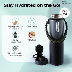 The Better Home Stainless Steel Insulated Water Bottles | 720 ml Each | Thermos Flask Attachable to Bags & Gears | 6/12 hrs hot & Cold | Water Bottle for School Office Travel | Black-Grey