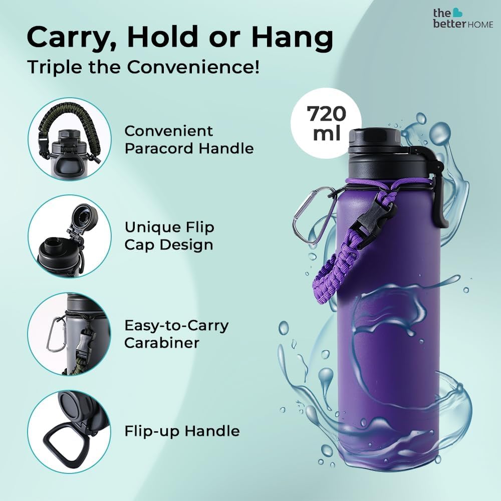 Combo: Insulated Water Bottle with Vacuum Insulation & Carabiner | 720ml | Hot & Cold | Purple