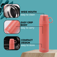 The Better Home Insulated Flask 500ml with Cup, Thermos Flask, Coffee Flask & Tea Flask for Home & Office Use, Leak Proof & Rust Proof Small Flask, 6 Hours Hot & Cold (Orange, Stainless Steel)
