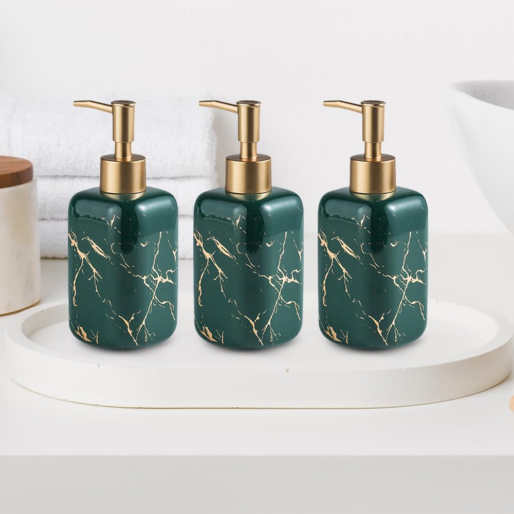 The Better Home 300ml Dispenser Bottle - Green (Set of 3) | Ceramic Liquid Dispenser for Kitchen, Wash-Basin, and Bathroom | Ideal for Shampoo, Hand Wash, Sanitizer, Lotion, and More