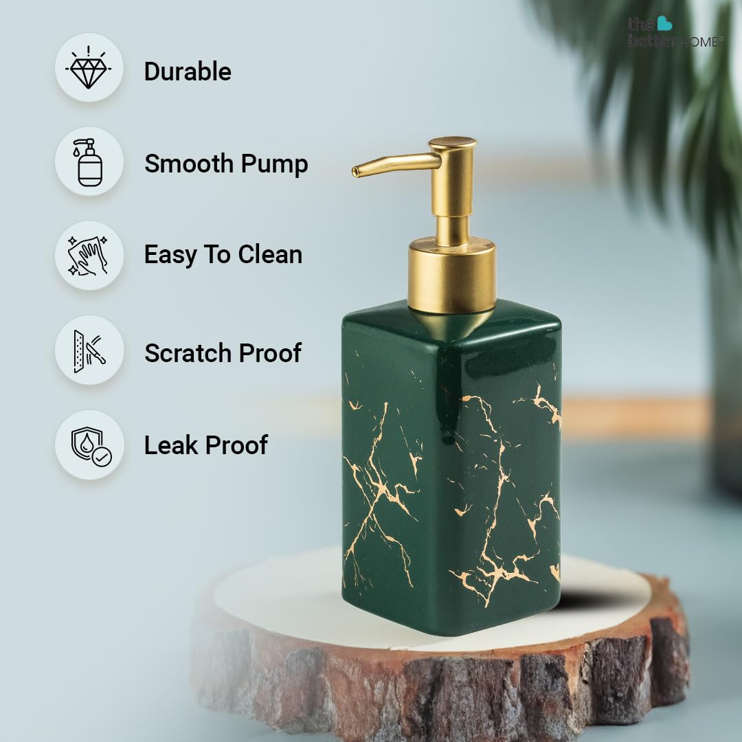 The Better Home 320ml Dispenser Bottle - Green (Set of 2) | Ceramic Liquid Dispenser for Kitchen, Wash-Basin, and Bathroom | Ideal for Shampoo, Hand Wash, Sanitizer, Lotion, and More