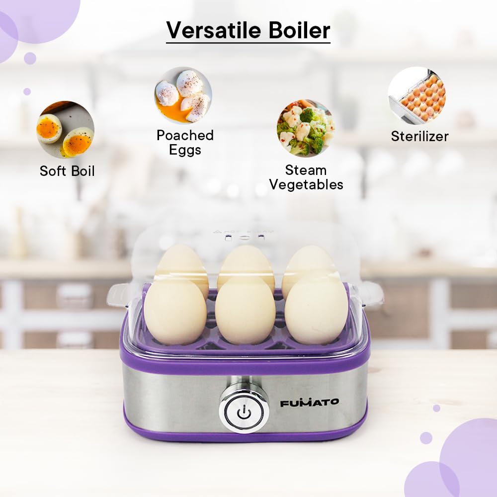 Electric Egg Boiler 2-in-1 - Boil 6 Eggs, Poach 2 | Automatic Turn-Off | Stainless Steel | Purple Haze