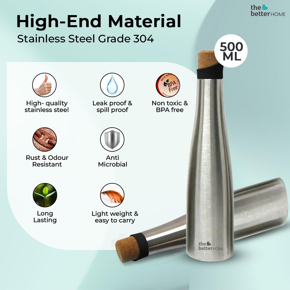 The Better Home Insulated Cork Bottle|Hot & Cold Water Bottle 500 Ml -Silver |Easy Pour| Bottle for Fridge/School/Outdoor/Gym/Home/Office/Boys/Girls/Kids, Leak Proof and BPA FreePack of 2