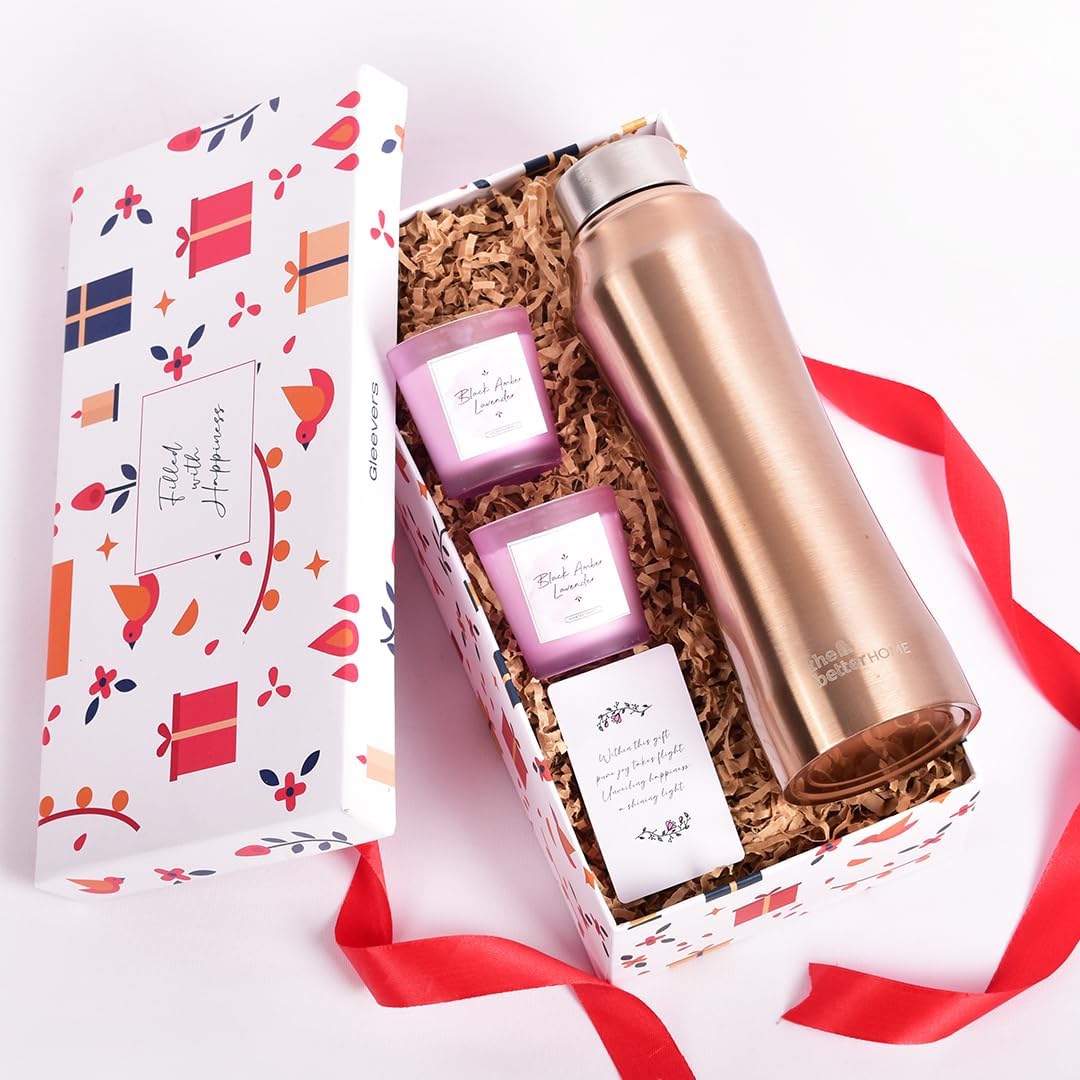 The Better Home Gift Set for Housewarming, Diwali |Gift Box of 3 with Steel Bottle (Gold,1 LTR) & 2 Candles(Lavender,60g) | Gift for Housewarming, Secret Santa Gifts