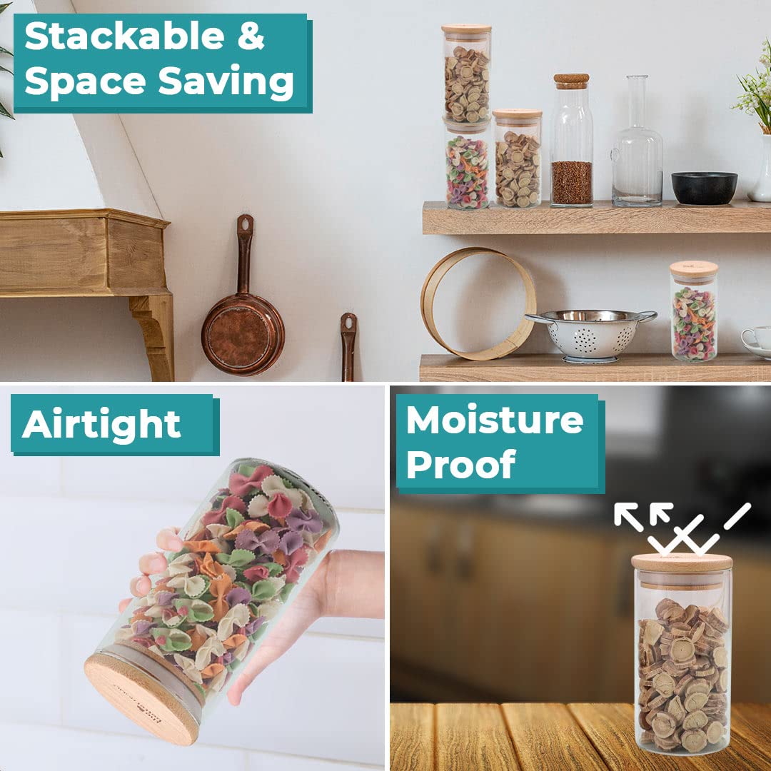 Pack of 4: Airtight Borosilicate Kitchen Containers - Bamboo Lid, Transparent | 1000 ml Each | Glass Jars