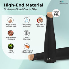 The Better Home Insulated Cork Bottle|Hot & Cold Water Bottle 500 Ml -Black |Easy Pour| Bottle for Fridge/School/Outdoor/Gym/Home/Office/Boys/Girls/Kids, Leak Proof and BPA FreePack of 9