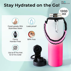 The Better Home Pack of 2 Stainless Steel Insulated Water Bottles | 1200 ml Each | Thermos Flask Attachable to Bags & Gears | 6/12 hrs hot & Cold | Water Bottle for School Office Travel | Pink-White