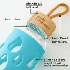 Borosilicate Glass Water Bottle with Sleeve 550ml | Non Slip Silicon Sleeve & Bamboo Lid | Water Bottles for Fridge | Light Blue (Pack of 50)