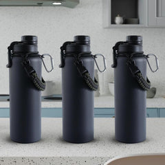 The Better Home Pack of 3 Stainless Steel Insulated Water Bottles | 720 ml Each | Thermos Flask Attachable to Bags & Gears | 6 hrs hot & 12 hrs Cold | Water Bottle for School Office Travel | Black