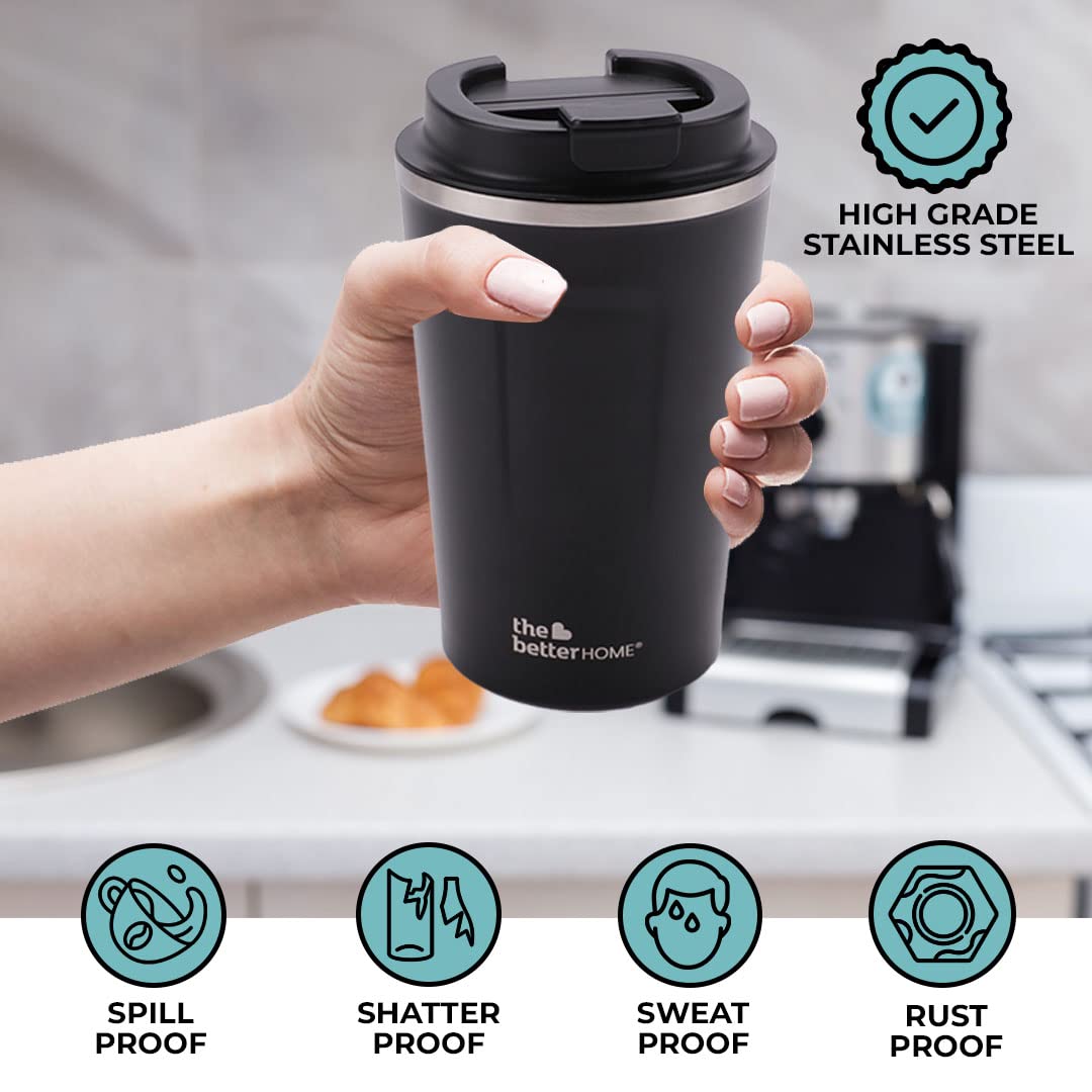 Insulated Coffee Cup Tumbler - Double Walled 304 Stainless Steel, Leakproof & Spillproof | 380 ml | Black