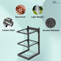 The Better Home Buckle Type Pot 3 LayerRack (Black)|Stackable Kitchen Basket For Storage|Heavy Duty Carbon Steel Collapsible Foldable Basket For Fruits And Vegetables |Adjustable Layer Heights
