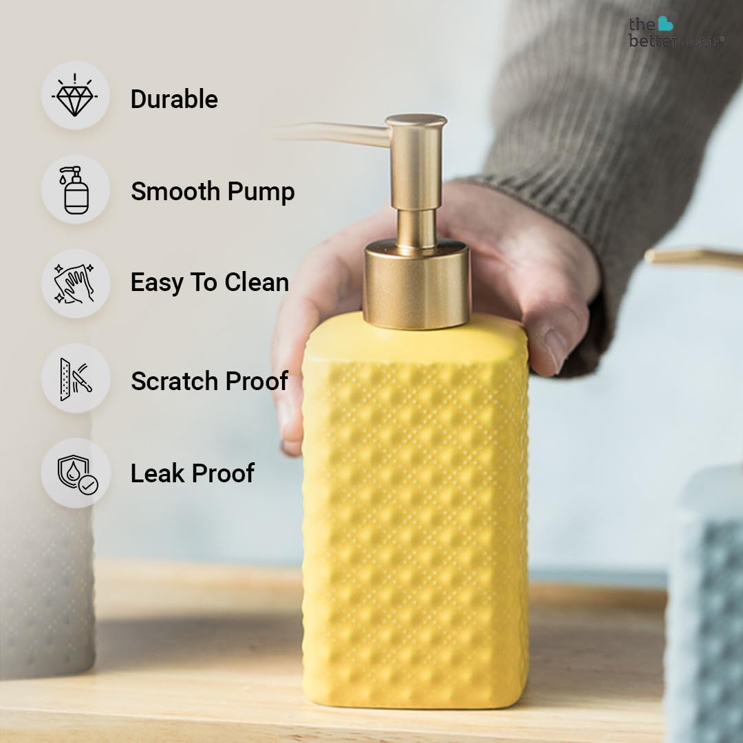 The Better Home 350ml Soap Dispenser Bottle - Yellow (Set of 3) |Ceramic Liquid Pump Dispenser for Kitchen, Wash-Basin, and Bathroom