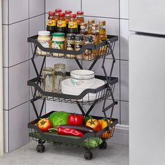 The Better Home Collapsible storage baskets Black | Stackable Kitchen Basket For Storage | Carbon Steel Collapsible Foldable Basket For Fruits And Vegetables | Rust-Resistant | Unbreakable (3 layer)