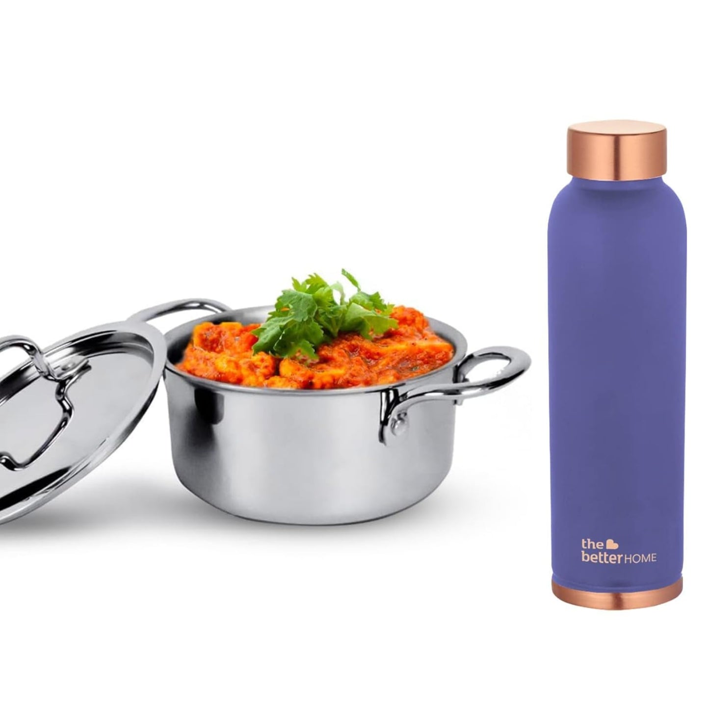 The Better Home 100% Pure Copper Water Bottle 1 Litre, Purple & Savya Home Triply Stainless Steel Casserole with Lid, 4L (22cm) Gas & Induction Cookware