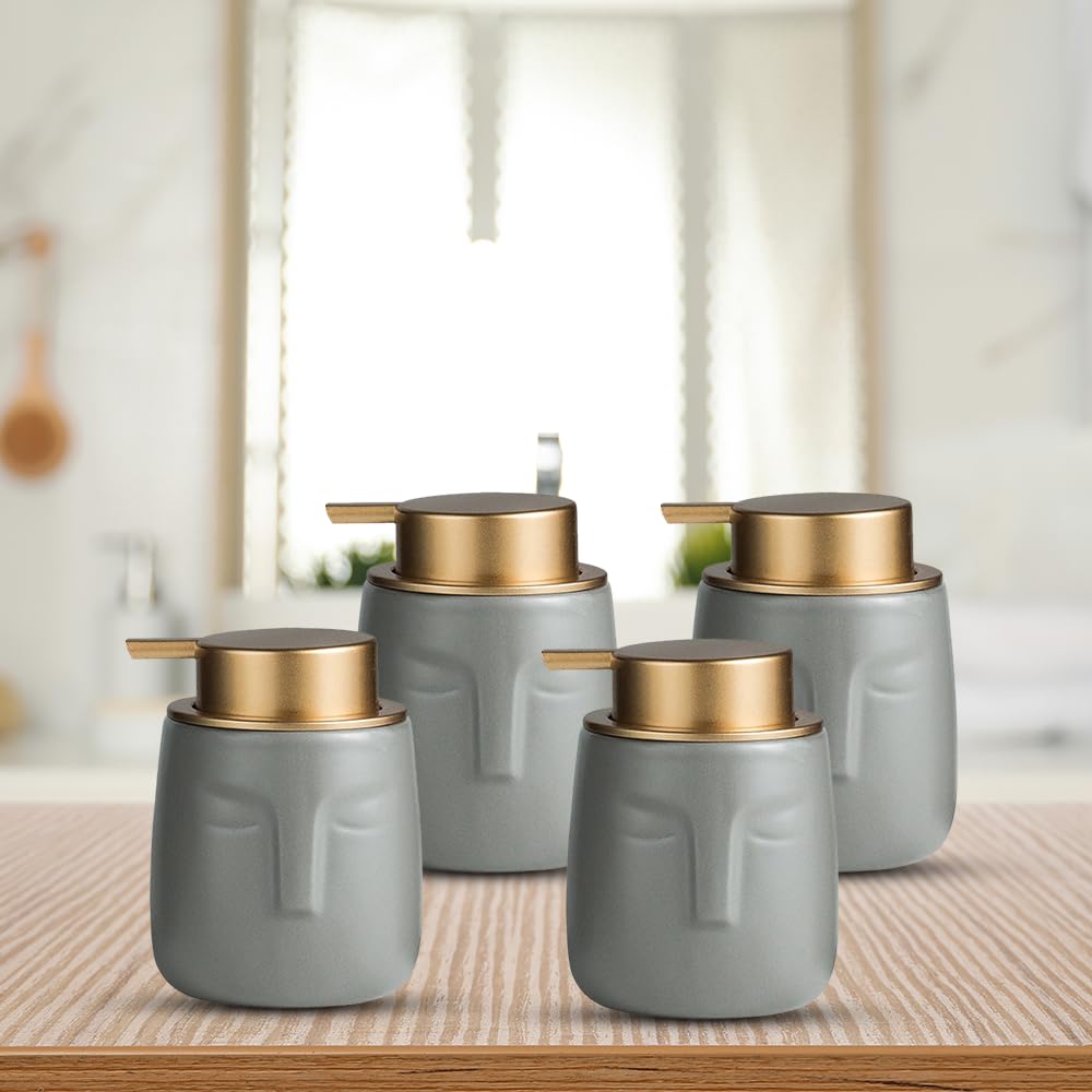 The Better Home 350ml Soap Dispenser Bottle - Grey (Set of 4) |Ceramic Liquid Pump Dispenser for Kitchen, Wash-Basin, and Bathroom