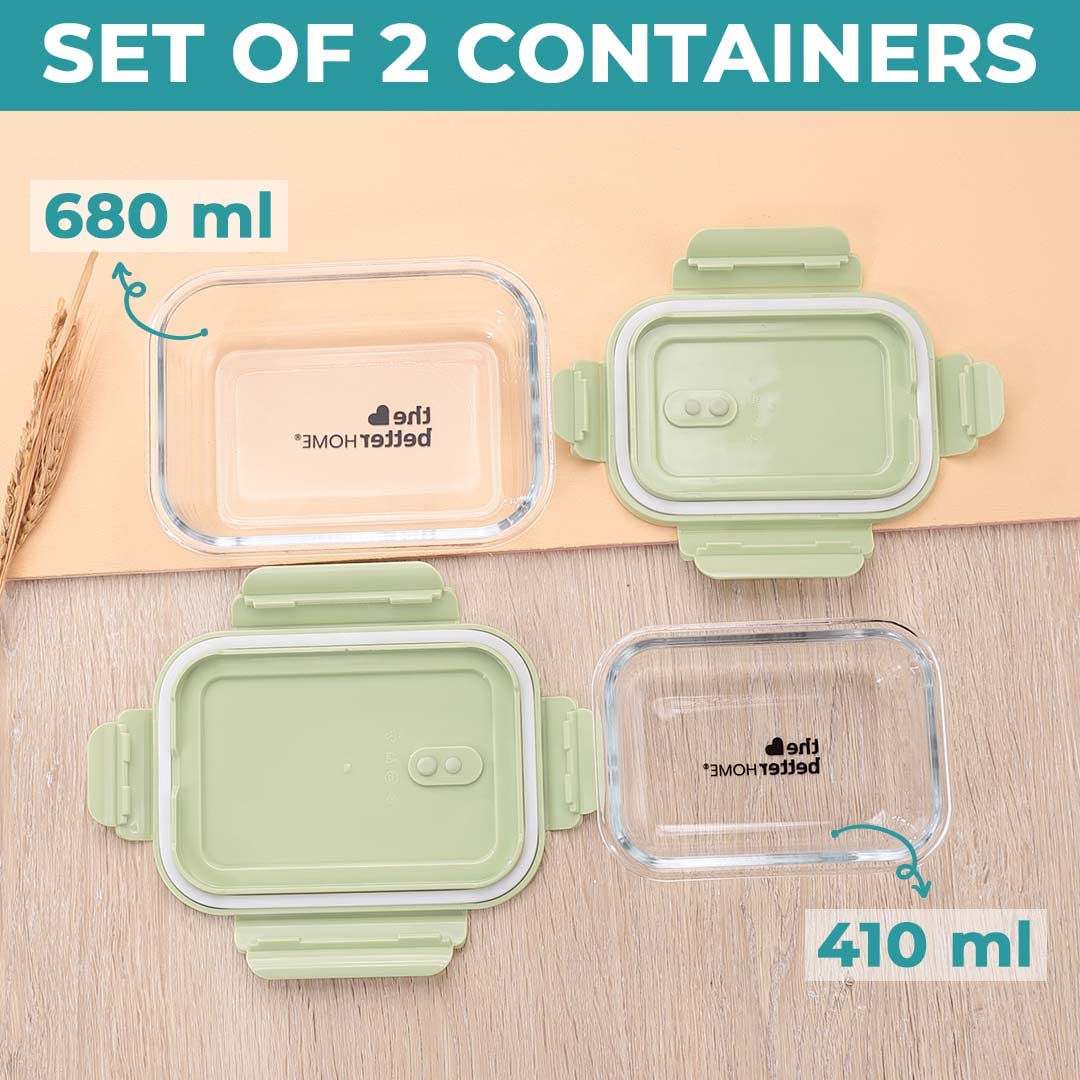 Pack of 3: Borosilicate Glass Lunch Box & Water Bottle Set | Airtight, Leakproof | 410ml, 680ml, 650ml