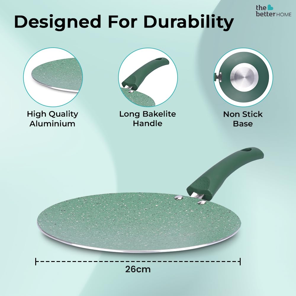 Non Stick Roti Tawa - Scratch Resistant Aluminium with Riveted Handle | 24 cm | Green | Dishwasher Safe