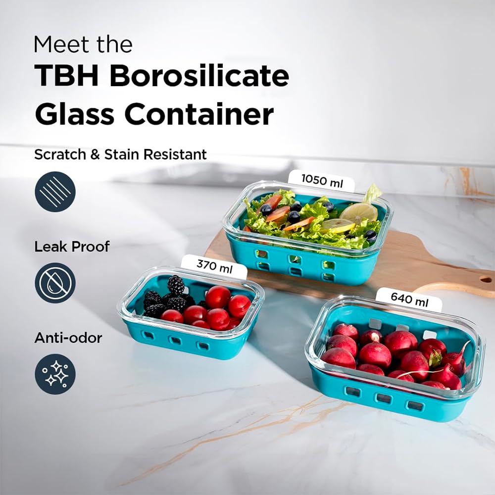 The Better Home Borosilicate Glass Containers with Silicone Sleeves & Lock Lid, 3 pcs Set, Borosilicate Glass, Rectangle Shape,Transparent, Microwave and Refrigerator Safe, 370ml, 640ml, 1050ml, Blue