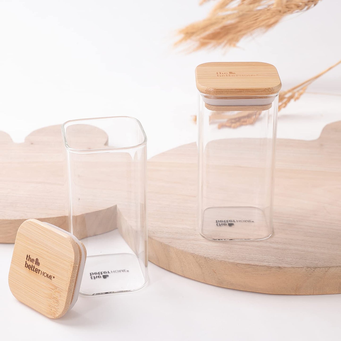 Pack of 2: Kitchen Storage Containers with Bamboo Lid | Airtight Borosilicate Glass Jars | 300 ml Each | Rectangular