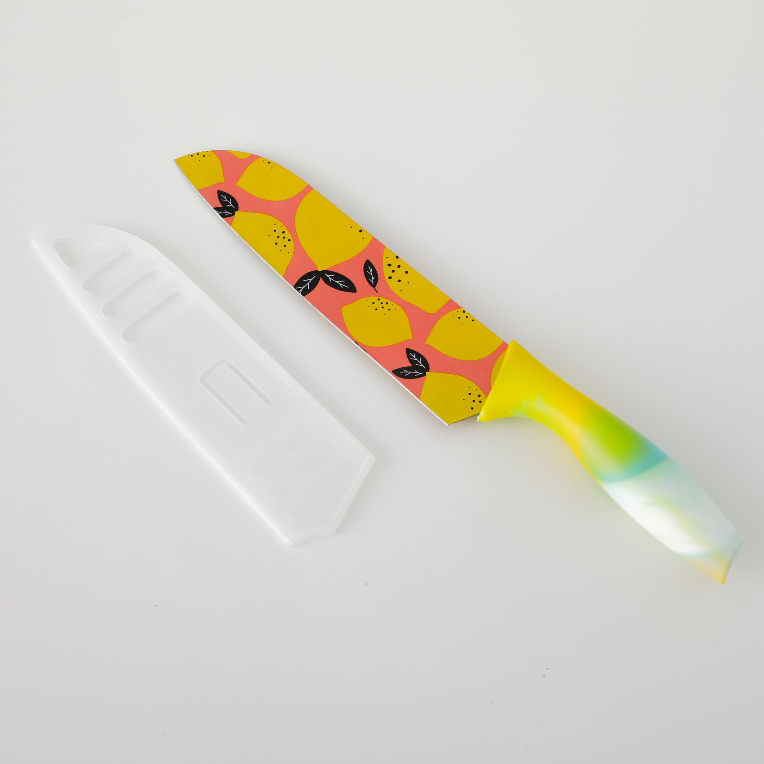 The Better Home Knife Kitchen Knife Chef Knife Color Printing Santoku Knife & Non-Slip Handle with Blade Cover,7 inch, Stainless Steel|Utility Knife. (Yellow Set of 2)