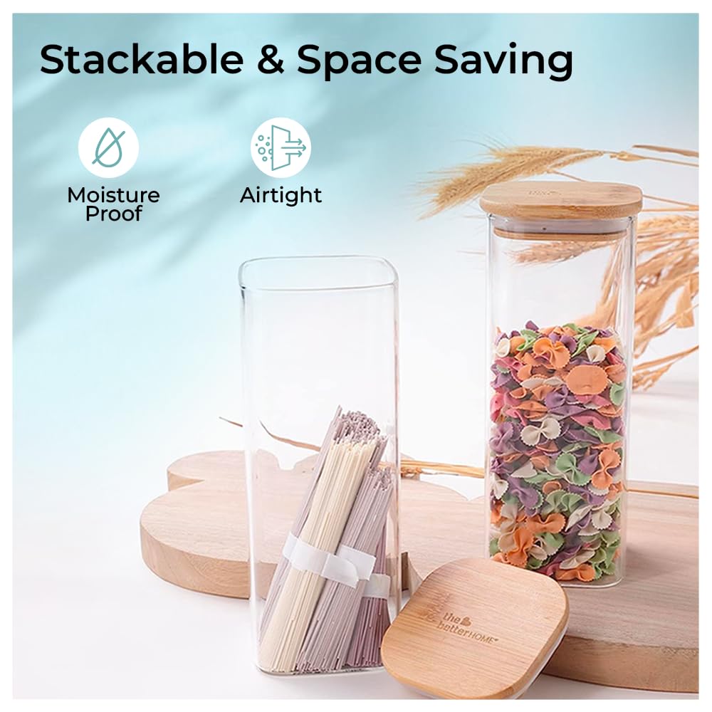 Pack of 6: Borosilicate Glass Storage Jars - Airtight, Stackable | Includes Lids | 1000ml | Transparent