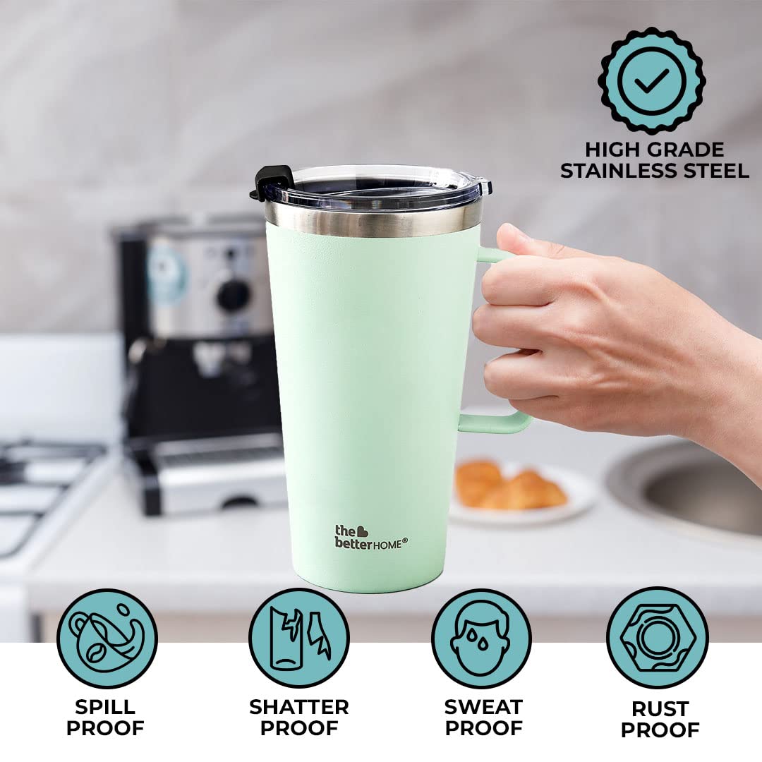 Insulated Coffee Mug with Lid & Handle (450ml) | Double Wall Insulated Stainless Steel Coffee Mug | Hot and Cold Coffee Tumbler | Coffee Mug for Travel | Blue-Pink (Green)