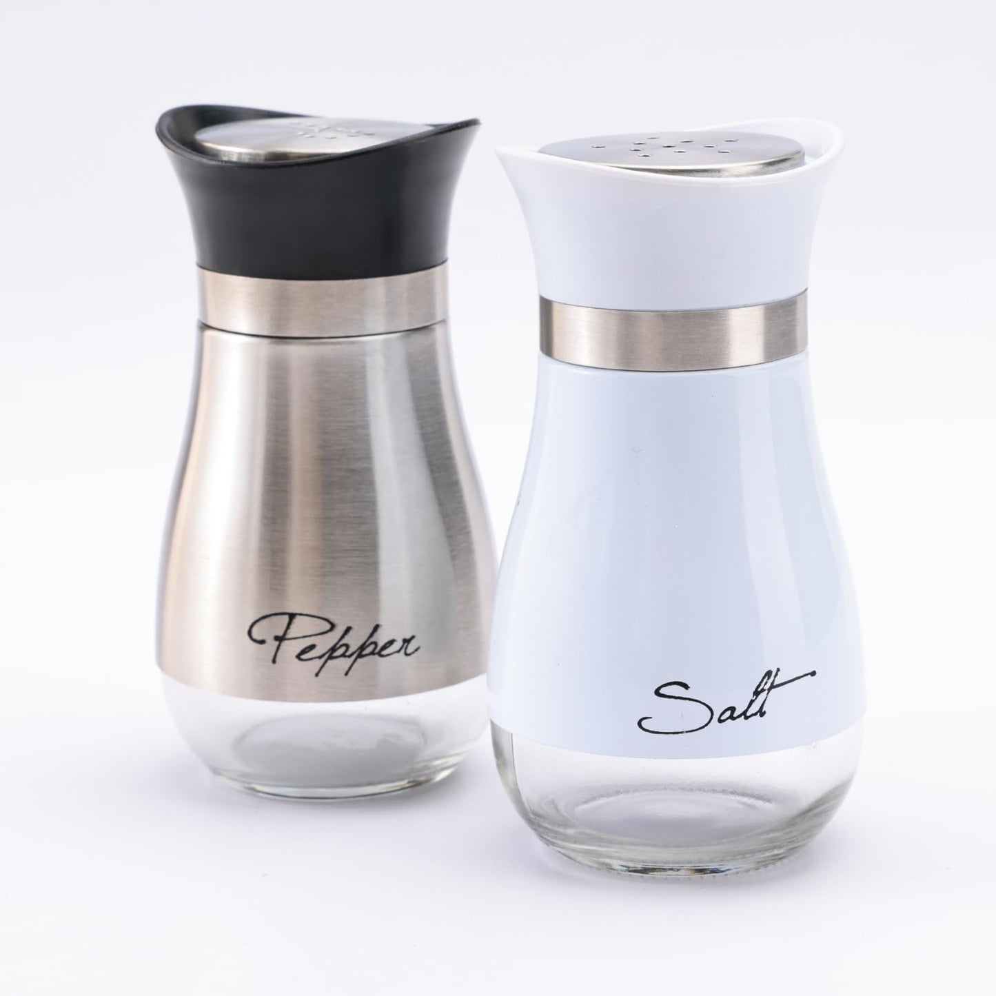 The Better Home Glass Salt and Pepper Shaker Set | Pack of 2 | White and Silver | Glass | Salt and Pepper Dispenser Sprinkler Bottle