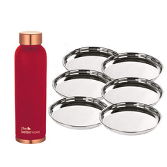 The Better Home 100% Pure Copper Water Bottle 1 Litre, Maroon & Savya Home 6 pcs Big Plate Set